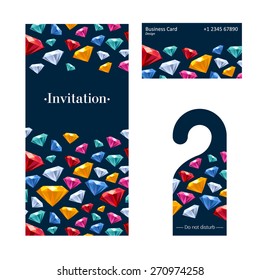 VIP premium invitation card, warning hanger and business card Colorful jewels gemstones design template set.