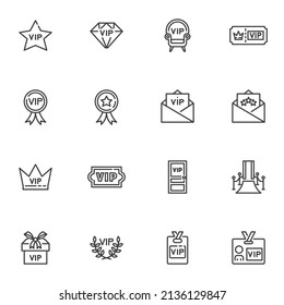 VIP, conjunto de iconos de línea premium, colección de símbolos de vector de contorno, paquete de pictogramas de estilo lineal. Señales, ilustración del logotipo. El juego incluye iconos como alfombra roja, placa vip para persona, boleto, corona real, diamante