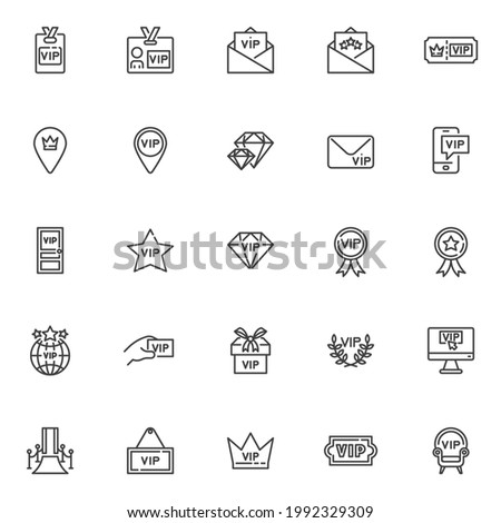 VIP, premium line icons set. linear style symbols collection, outline signs pack. vip membership vector graphics. Set includes icons as invitation card, rich, crown, diamond, star, ticket, badge