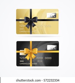 Vip or Premium Present Plastic Cards Set Golden and Black with Ribbon. Vector illustration