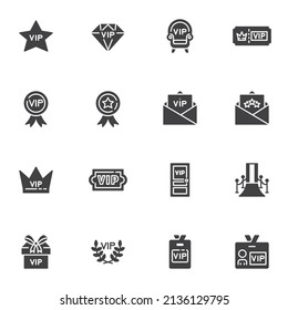 VIP, premium vector icons set, modern solid symbol collection, filled style pictogram pack. Signs, logo illustration. Set includes icons as red carpet, vip person badge, ticket, royal crown, diamond
