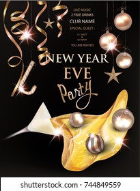 VIP private party invitation card with poured out glass of champagne. Vector illustration