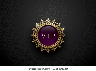 Vip purple label with round golden ring frame crown on black floral background. Dark glossy royal premium template. Vector luxury illustration