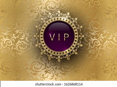 Vip purple label with round golden ring frame crown on gold floral background. Royal glossy premium template. Vector luxury illustration. Vintage invitation or announcement card design