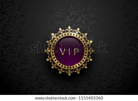 Vip purple label with round golden ring frame crown on black floral background. Dark glossy royal premium template. Vector luxury illustration