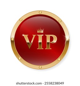 VIP red button, label, badge with round golden ring frame. Premium template. Vector luxury illustration isolated on white backgrond