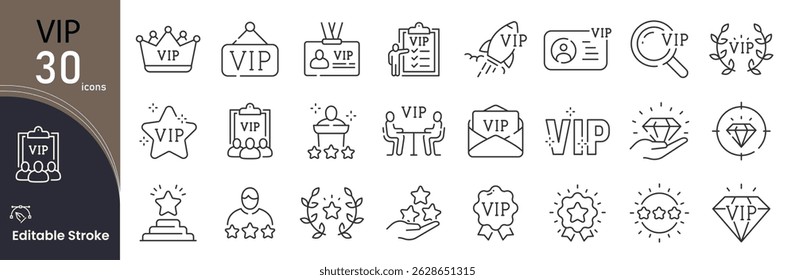 VIP related icon collections. Containing VIP, Exclusive, Access Pass, Red Carpet, Invitation, Crown, Elite, Private, Premium Entry, VIP Lounge, and Badge icons. Editable Stroke . Outline icons.