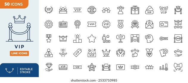 VIP Related Line Editable Icons set. VIP Related icons Pixel perfect. Contains such Icons as Special Guests List, Red Carpet, VIP Line and more