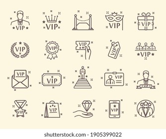 VIP related line vector icons. Contains such Icons as special guests list, VIP lounge, red carpet and more. Editable stroke. Pixel Perfect. Set of isolated flat outline vector icons