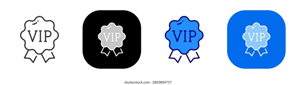 VIP rosette badge for premium status exclusive membership and special recognition. Line, filled, black, color set. Editable stroke