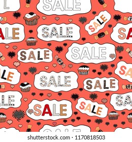 VIP SALE starts today promo banner with lettering word SALE. Seamless pattern.SALE Promotion banner, price tag, discount sticker, badge, poster. Vector. Picture in orange, white and black colors.
