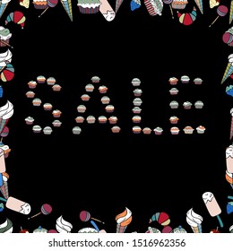 VIP SALE starts today promo banner with lettering word SALE. Picture in black, white and neutral colors. Vector. Seamless pattern.SALE Promotion banner, price tag, discount sticker, badge, poster.