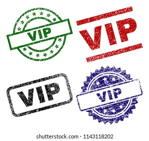VIP seal stamps with corroded texture. Black, green,red,blue vector rubber prints of VIP tag with corroded texture. Rubber seals with round, rectangle, medallion shapes.