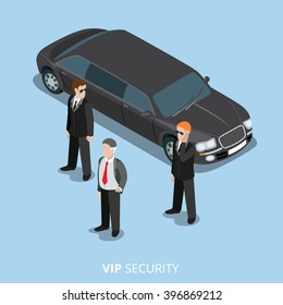 VIP Security Bodyguard Service flat 3d isometric web vector illustration. Creative people collection. Boss and bodyguards black limousine limo car.