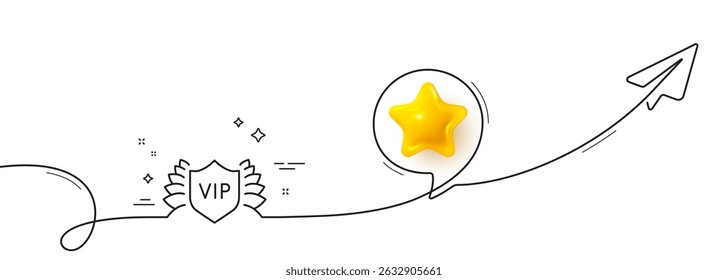 Vip security line icon. Continuous line with share plane. Very important person protection sign. Member club privilege symbol. 3d star in speech bubble. Vip security single line ribbon. Vector