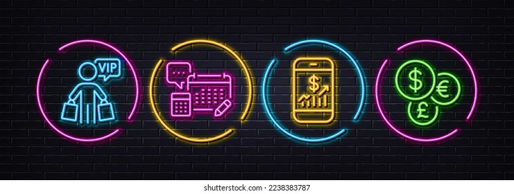 Vip shopping, Account and Mobile finance minimal line icons. Neon laser 3d lights. Money currency icons. For web, application, printing. Exclusive privilege, Calculate budget, Phone accounting. Vector