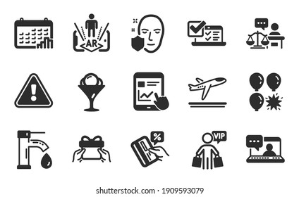 Vip shopping, Balloon dart and Ice cream icons simple set. Tap water, Internet report and Court judge signs. Give present, Augmented reality and Online survey symbols. Flat icons set. Vector