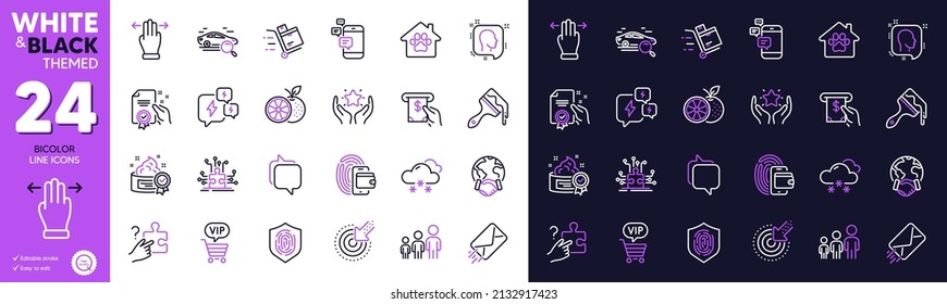 Vip shopping, Wallet and Orange line icons for website, printing. Collection of Inventory cart, Search puzzle, Head icons. Certificate, Snow weather, Communication web elements. Vector