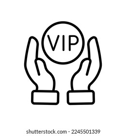 Vip sign in the hand set icon. Badge, plate, person, list of privileges, gift, box, website, all rights, star, email, review, advertisement. VIP person concept. Vector line icon on white background