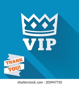 Vip sign icon. Membership symbol. Very important person. White flat icon with long shadow. Paper ribbon label with Thank you text. Vector