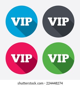 Vip sign icon. Membership symbol. Very important person. Circle buttons with long shadow. 4 icons set. Vector