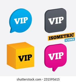 Vip sign icon. Membership symbol. Very important person. Isometric speech bubbles and cube. Rotated icons with edges. Vector