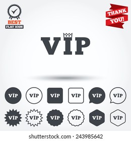 Vip sign icon. Membership symbol. Very important person. Circle, star, speech bubble and square buttons. Award medal with check mark. Thank you. Vector