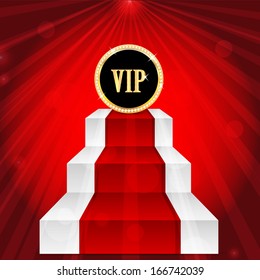 VIP sign on the top of the stairs on red rays background.VIP mark in gold with jewels.vector