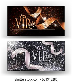 VIP sparkling gold and silver elegant invitation cards with curly ribbons and frame. Vector illustration