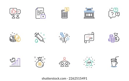 Vip star, Growth chart and Question bubbles line icons for website, printing. Collection of Lock, Calculator, Santa sack icons. Shop, Cocktail, Puzzle web elements. Fireworks rocket. Vector