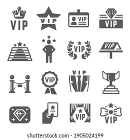 VIP with star, rosette, crown bold black silhouette icons set isolated on white. Premium membership, club, gift, special offer pictograms collection. Exclusive access, bonus vector elements for web.