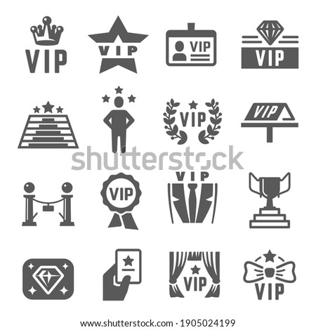 VIP with star, rosette, crown bold black silhouette icons set isolated on white. Premium membership, club, gift, special offer pictograms collection. Exclusive access, bonus vector elements for web.