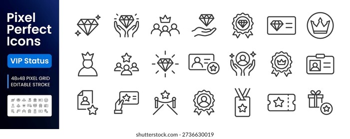 VIP status, loyalty line icon set. Exclusive membership benefit, diamond, premium quality minimal vector illustrations. Simple outline signs for club member. 48x48 Pixel Perfect. Editable Stroke.