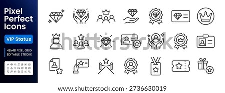 VIP status, loyalty line icon set. Exclusive membership benefit, diamond, premium quality minimal vector illustrations. Simple outline signs for club member. 48x48 Pixel Perfect. Editable Stroke.