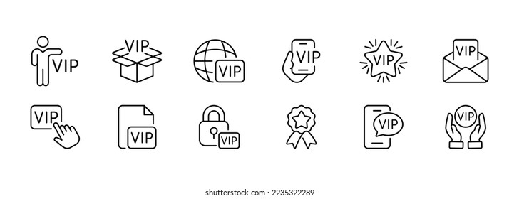 VIP status set icon. Place, badge, star, celebrity, box, phone, planet, website, shield, letter, privilege, business class, privileged, dear, reward, prize, gift. Society concept. Vector line icon