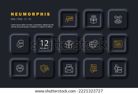 VIP status set icon. Place, badge, star, celebrity, box, phone, planet, reward, star, shield, letter, privilege, business class, privileged, dear, prize, gift. Society concept. Neomorphism style