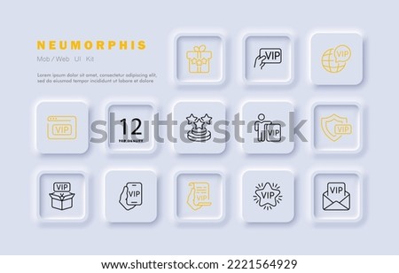 VIP status set icon. Place, badge, star, celebrity, box, phone, planet, website, shield, letter, privilege, business class, privileged, dear, reward, prize, gift, guest, expert. Society. Neomorphism