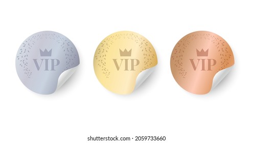 VIP stickers, in vintage style with a sticky layer. Shiny, Gold, Silver and Bronze emblem with the winner's wreath. Premium quality seal. Design element. 3D vector illustration.