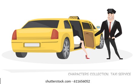 VIP taxi with a driver and passenger in Cartoon style. Delivery of passengers taxi service. Woman comes out of taxi. Taxi driver opens the door to passenger.
