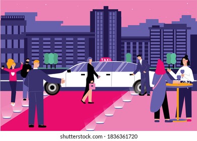 Vip taxi flat composition with evening cityscape scenery and red carpet with human characters and limousine vector illustration