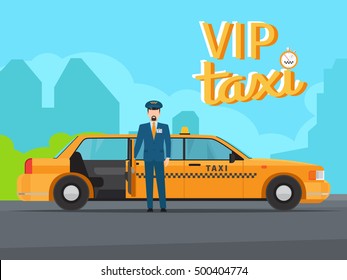 Vip Taxi Service With Yellow Car Cab, Driver In Uniform And Open Door Vector Illustration