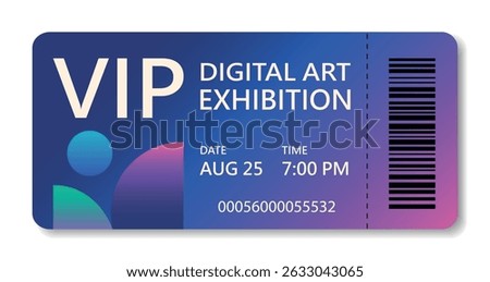 VIP ticket with bright gradient, date, barcode. Vector modern bright horizontal template. Use for digital art exhibitions, NFT, concerts, festivals, parties and exclusive premium events design