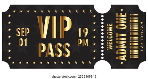 Bilhete Vip com texto dourado. Passagem vip do tíquete de entrada do modelo isolado no fundo branco. Admita um. Bilhete para cinema, filme, carnaval, filme, festival, etc. Ilustração vetorial.