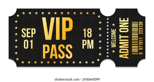 Vip ticket. Golden vip ticket. Template entrance ticket vip-pass. Admit one.
