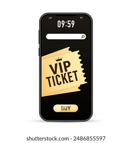 Entrada Vip en la pantalla del smartphone. Compra un billete de oro. Cine, teatro, casino, concierto, juego, evento, boleto de oro del festival. Ilustración vectorial