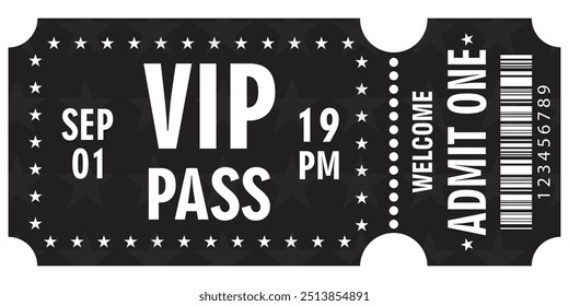 Vip ticket. Template entrance ticket vip-pass isolated on white background. Admit one. Tickets for cinema, movie, carnival, film, festival, etc. Vector illustration.