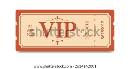 VIP ticket vector flat in vintage style, with tear-off line, simple style, red beige cream color palette