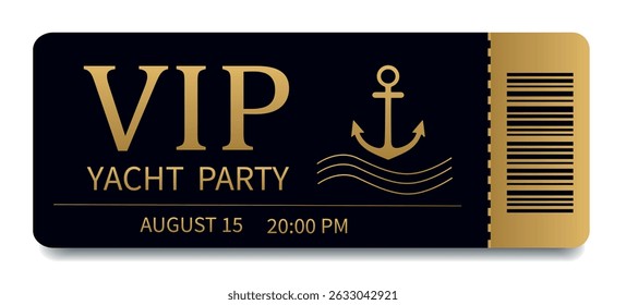 VIP ticket yacht party with gold embossing and barcode. Vector luxury black ticket with anchor logo. Elegant design for events, concerts, exclusive parties and premium access