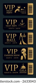 VIP tickets set with gold embossing and barcode for various premium events yacht party, fashion show, ball, gala dinner, concert, exclusive parties. Vector elegant luxury black ticket templates