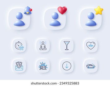 Vip timer, Heartbeat and Scroll down line icons. Placeholder with 3d bell, star, heart. Pack of Distribution, Yoga, Bribe icon. Martini glass, Car pictogram. For web app, printing. Vector